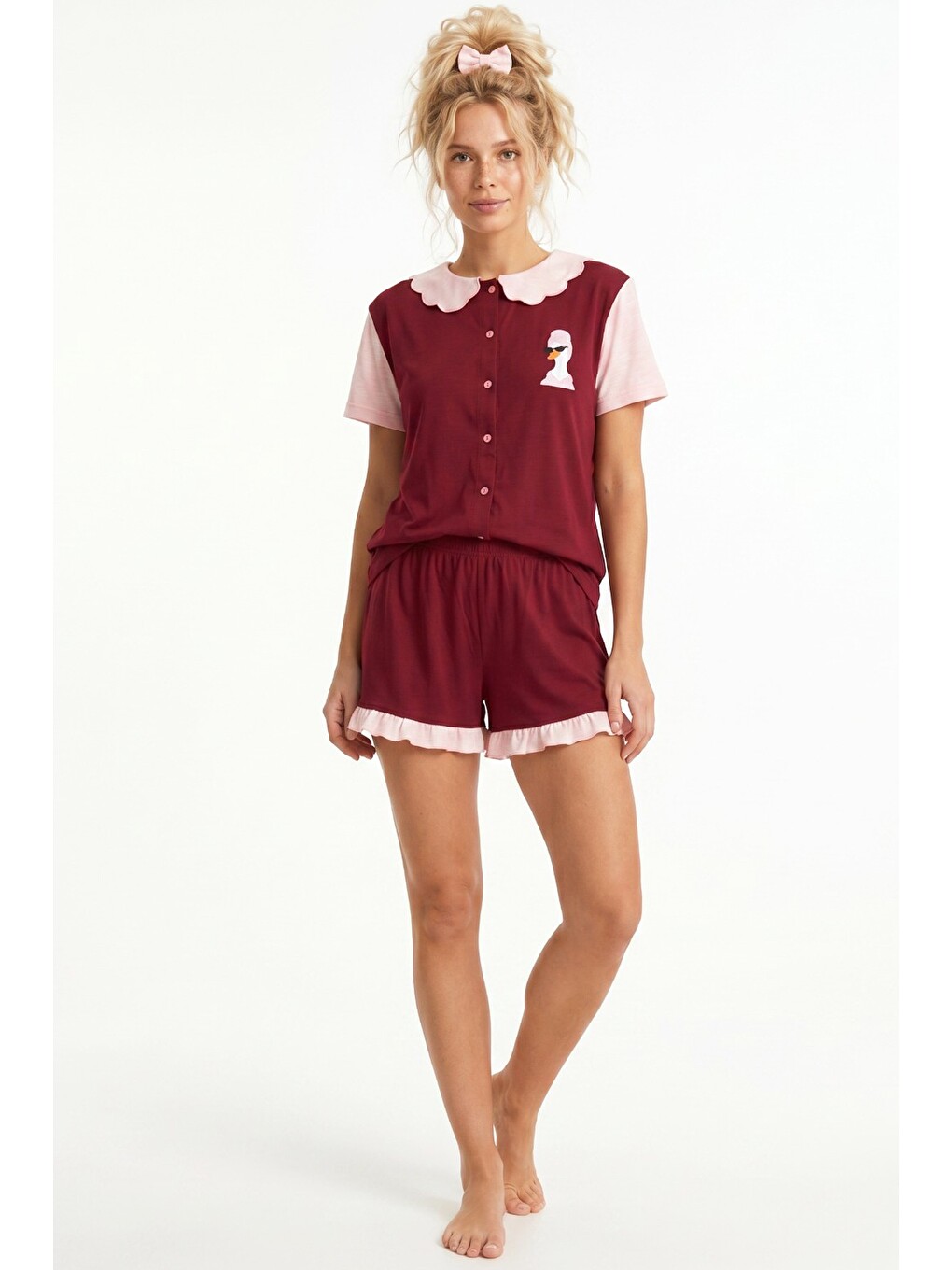 Bordo Yaka Detaylı Baskılı Düğmeli Pamuklu Örme Şortlu Pijama Takımı 8009-1
