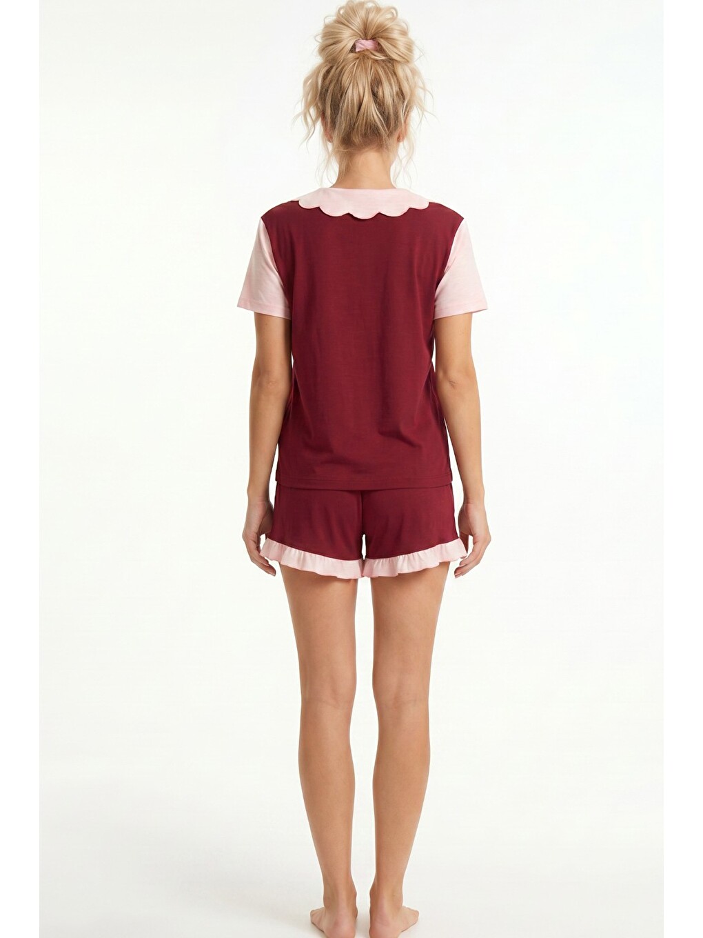 Bordo Yaka Detaylı Baskılı Düğmeli Pamuklu Örme Şortlu Pijama Takımı 8009-2