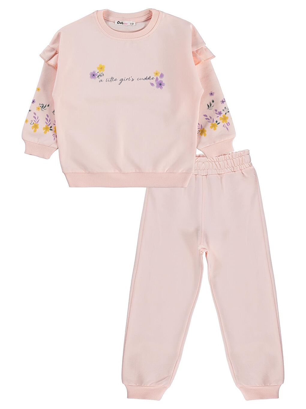 Girls Kol Fırfırlı Çiçek Baskılı 2-5 Yaş Eşofman Takımı - Pembe 4-5 Yaş