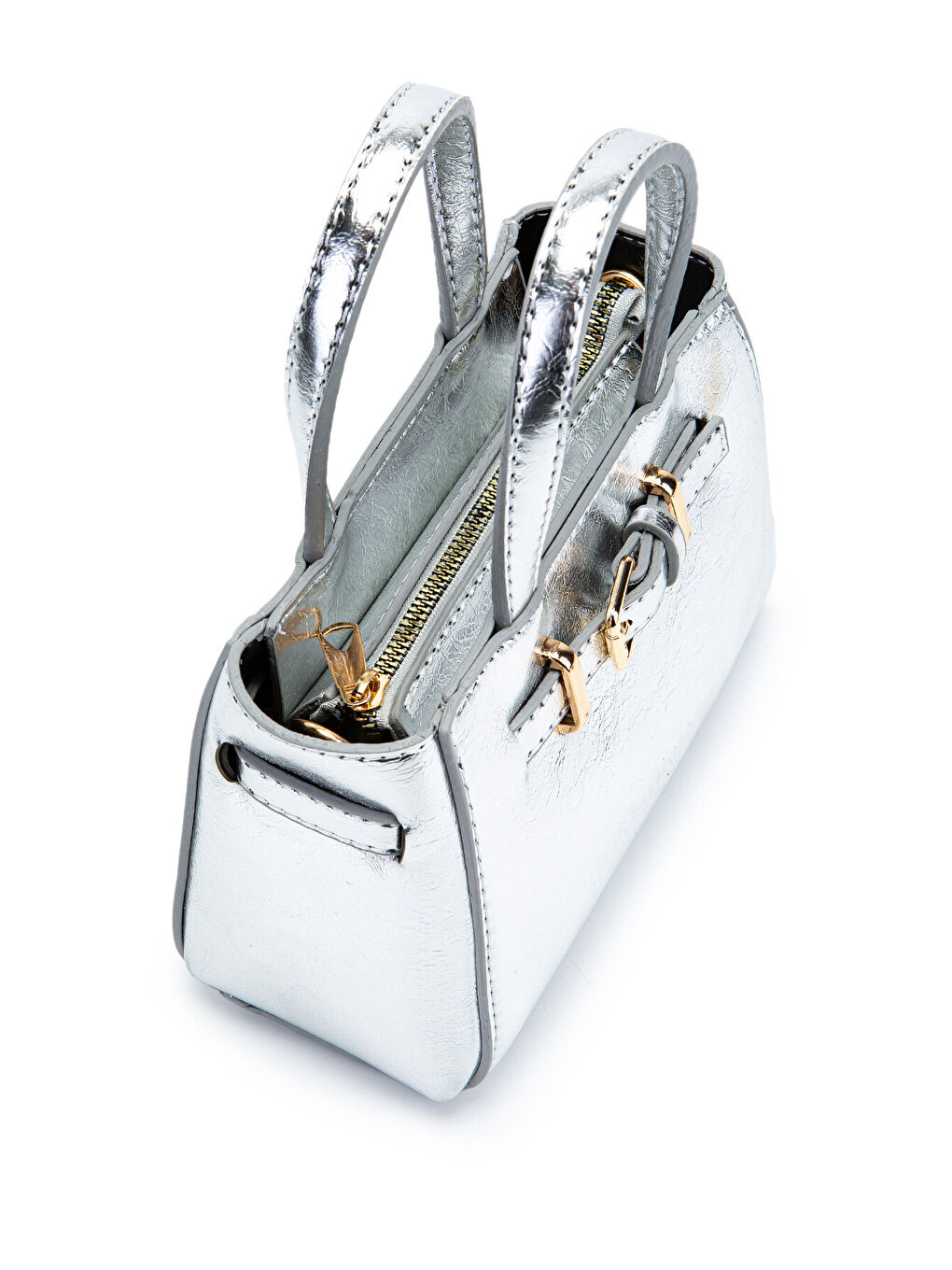 Gri Kemer Detaylı Mini Nadia Kadın Çapraz Çanta Gümüş-3