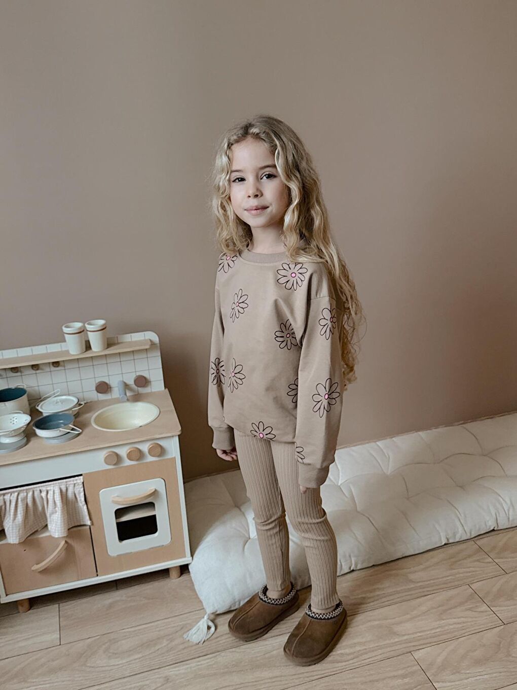 Kız Çocuk Pamuklu Sweatshirt Tayt İkili Takım Bej