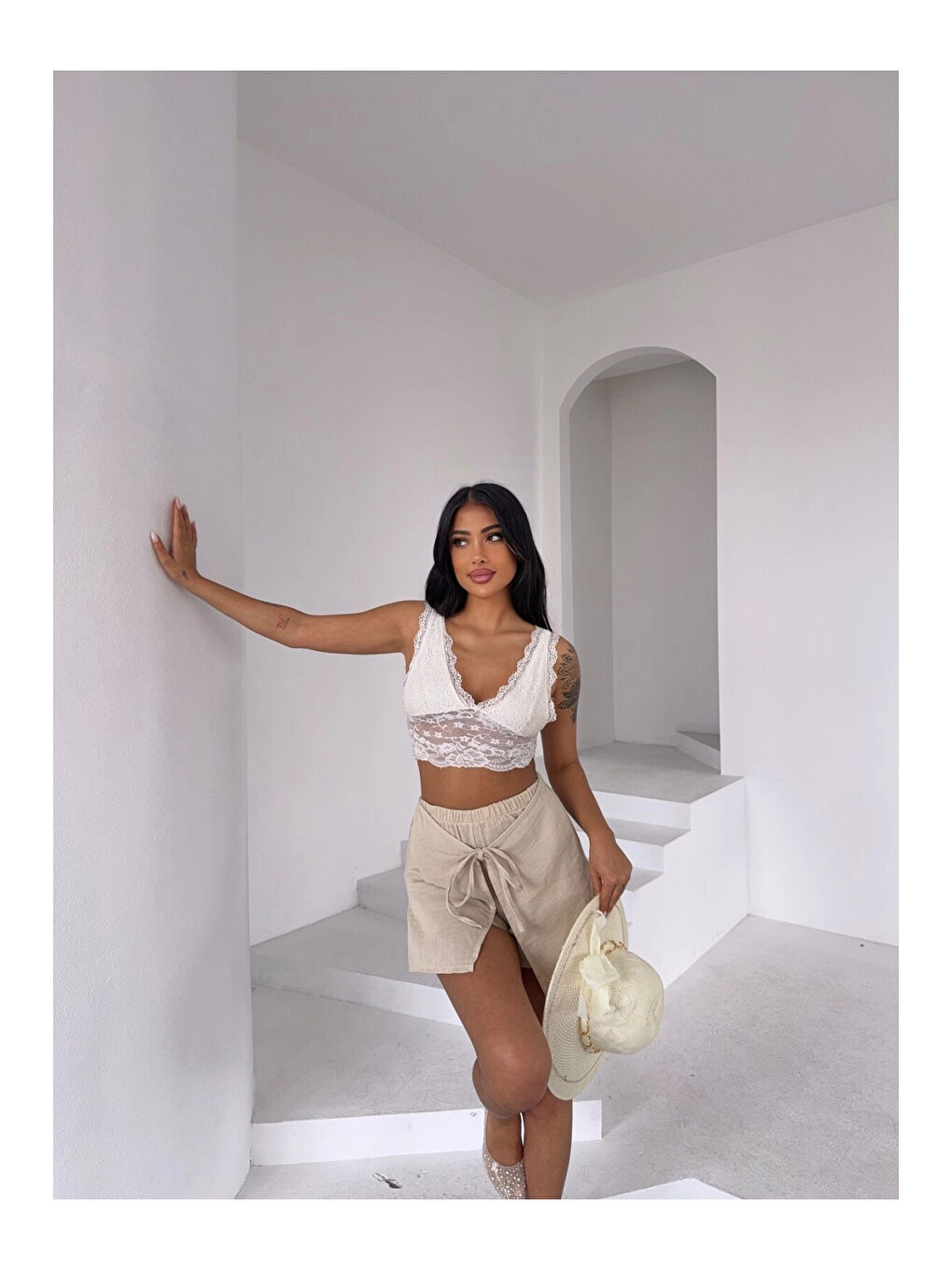 Kadın Bej Bağlama Detay Müslin Şort HZL25S-DSB2323-1