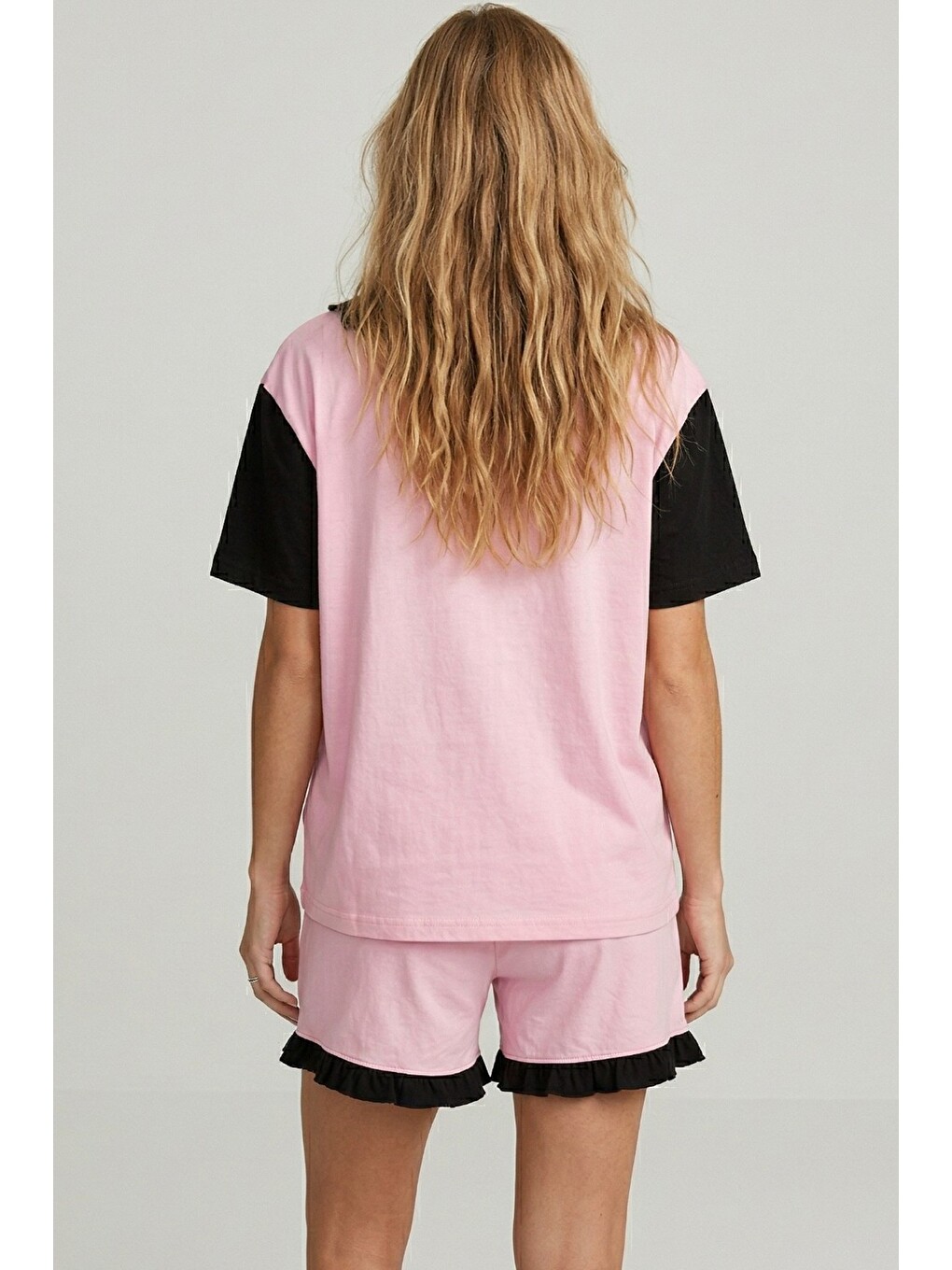 Pembe Yaka Detaylı Baskılı Düğmeli Pamuklu Örme Şortlu Pijama Takımı 8009-2