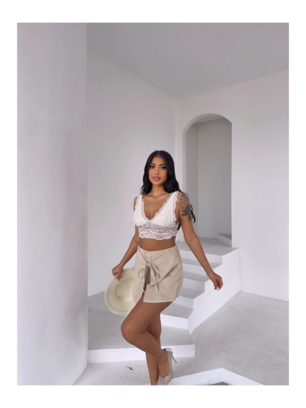 Kadın Bej Bağlama Detay Müslin Şort HZL25S-DSB2323-2