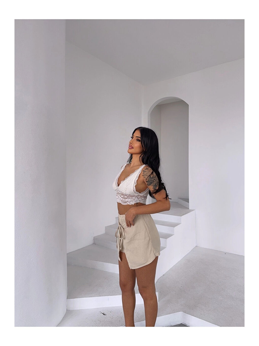 Kadın Bej Bağlama Detay Müslin Şort HZL25S-DSB2323-3