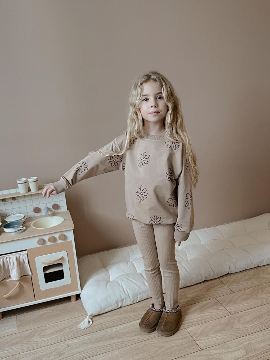 Kız Çocuk Pamuklu Sweatshirt Tayt İkili Takım Bej-1