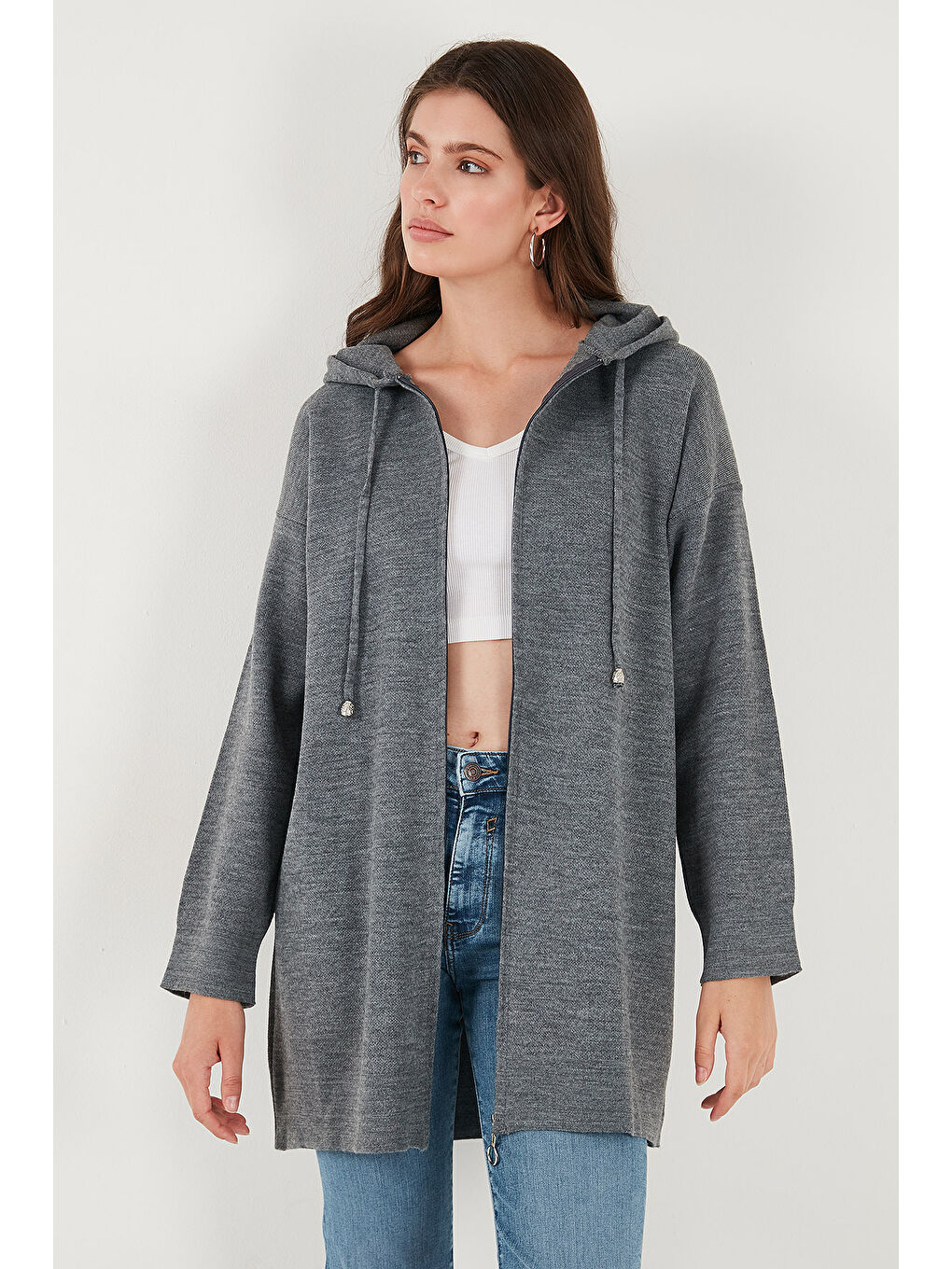 Antrasit Modest Fermuarlı Uzun Triko Kadın Hırka 4616176-1