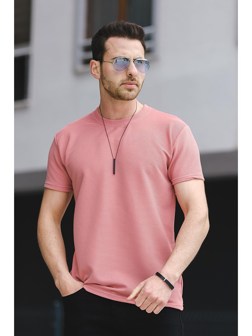 Pembe Kumaş Basic Slim Fit Elastanlı Erkek Tişört