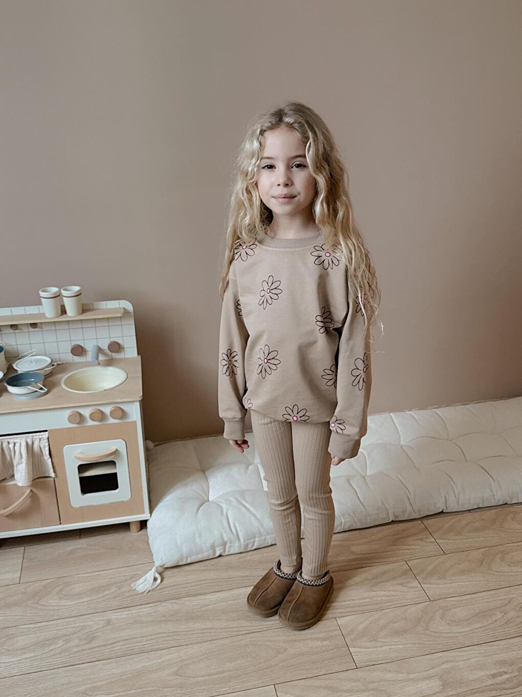 Kız Çocuk Pamuklu Sweatshirt Tayt İkili Takım Bej-2