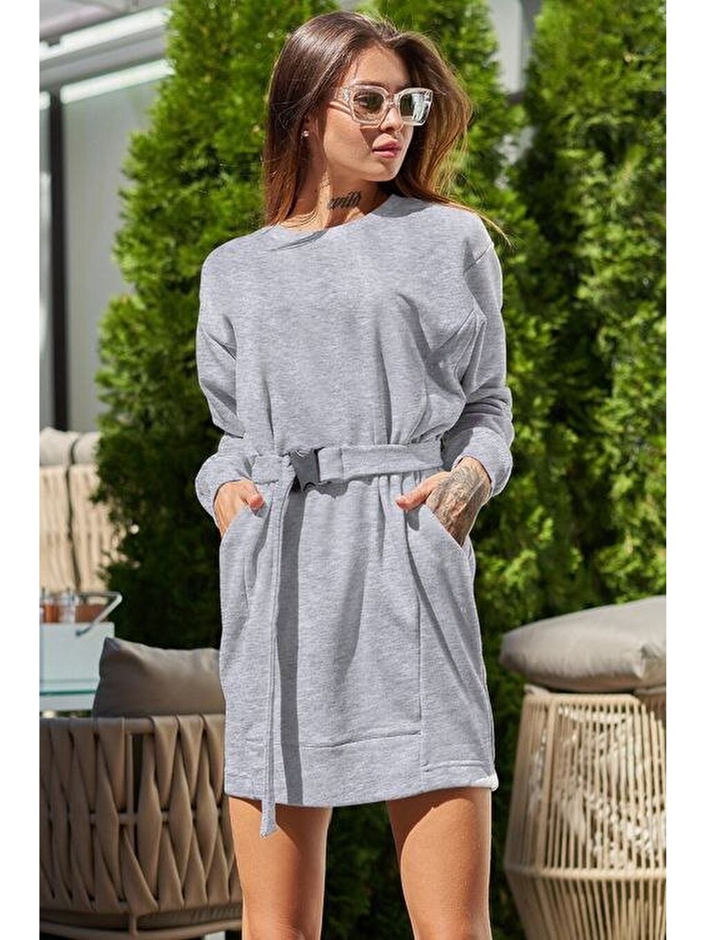 Gri Kadın Uzun Kollu Bisiklet Yaka Kuşaklı Iki Iplik Elbise