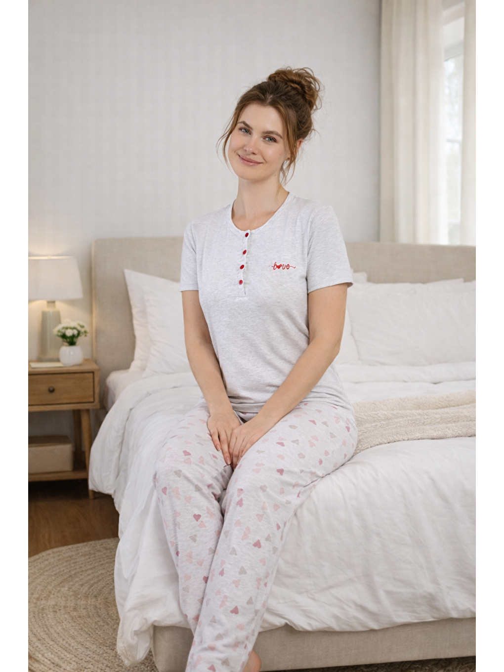 Gri PREMIUM Kadın Viskon Kalpli Yüksek Kalite Kısa Kollu Yazlık Pijama Takımı