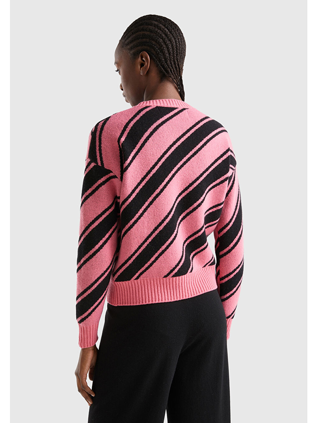 Pembe Kadın Gül Kurusu Yün Karışımlı Çapraz Çizgili Kazak-2