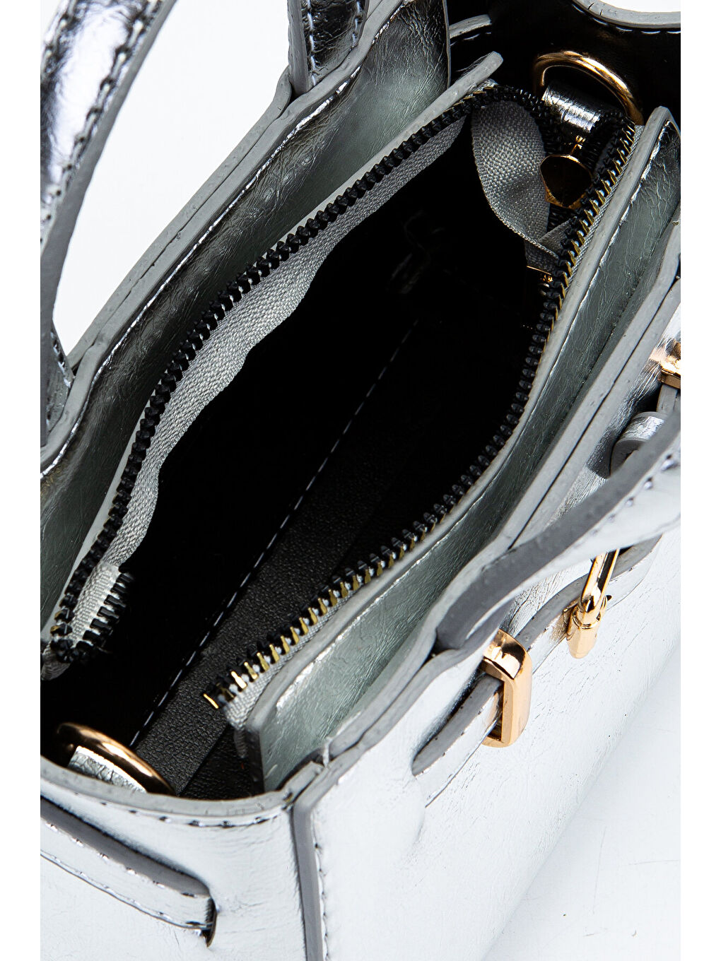 Gri Kemer Detaylı Mini Nadia Kadın Çapraz Çanta Gümüş-5