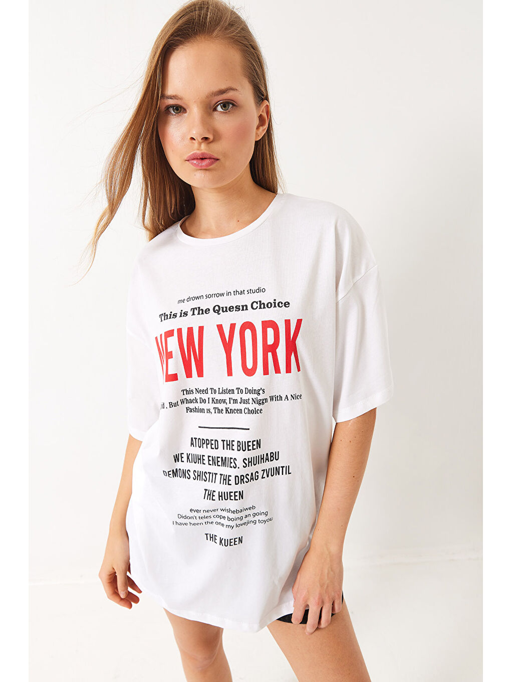 Beyaz Kadın New York Baskılı Oversize T-Shirt-1