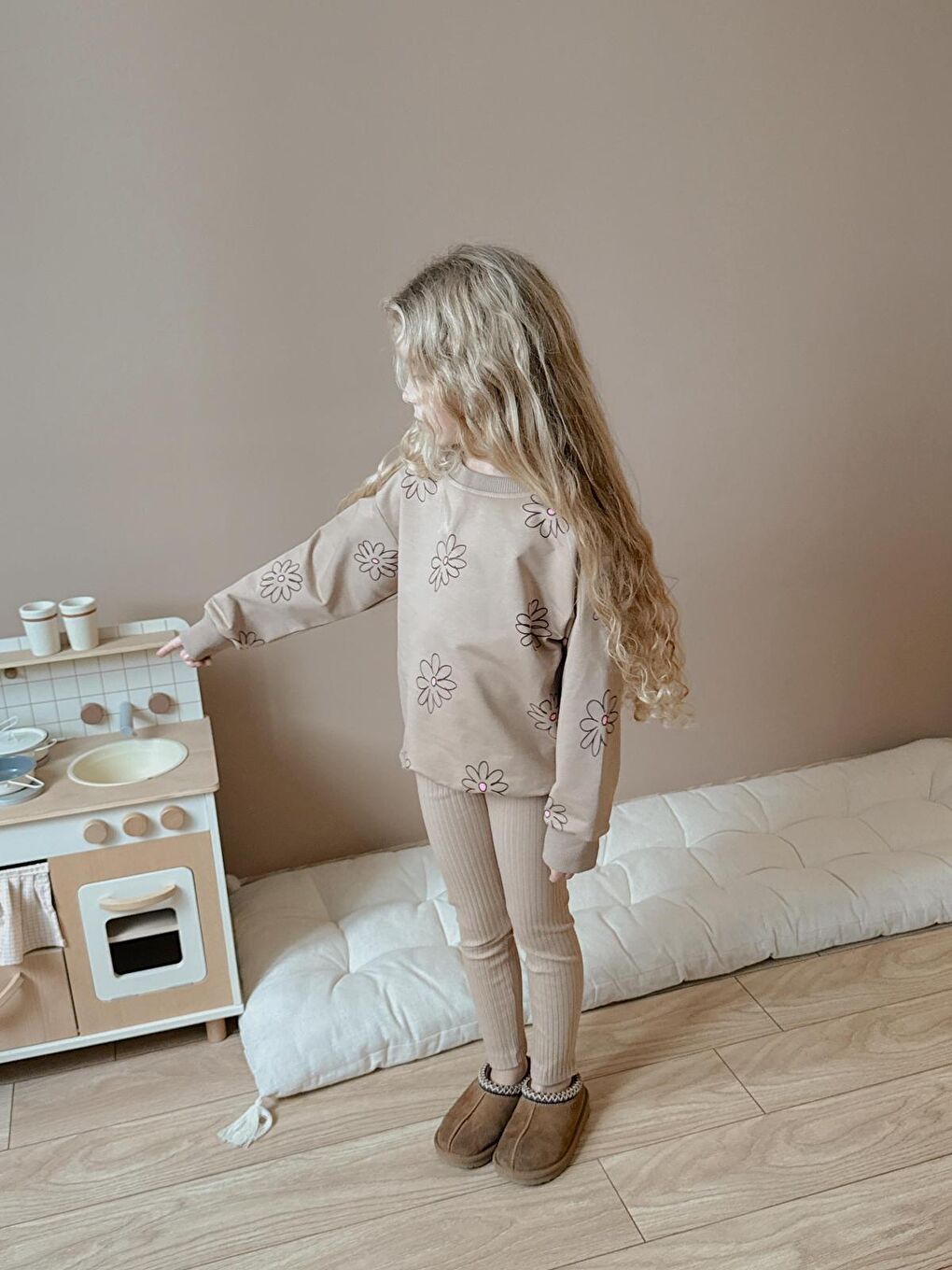 Kız Çocuk Pamuklu Sweatshirt Tayt İkili Takım Bej-3