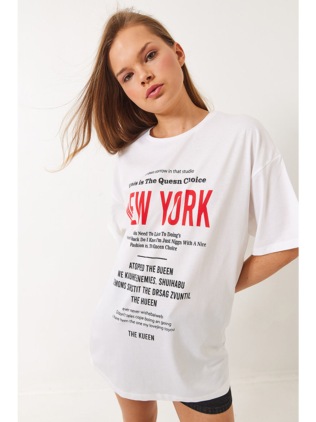 Beyaz Kadın New York Baskılı Oversize T-Shirt-3