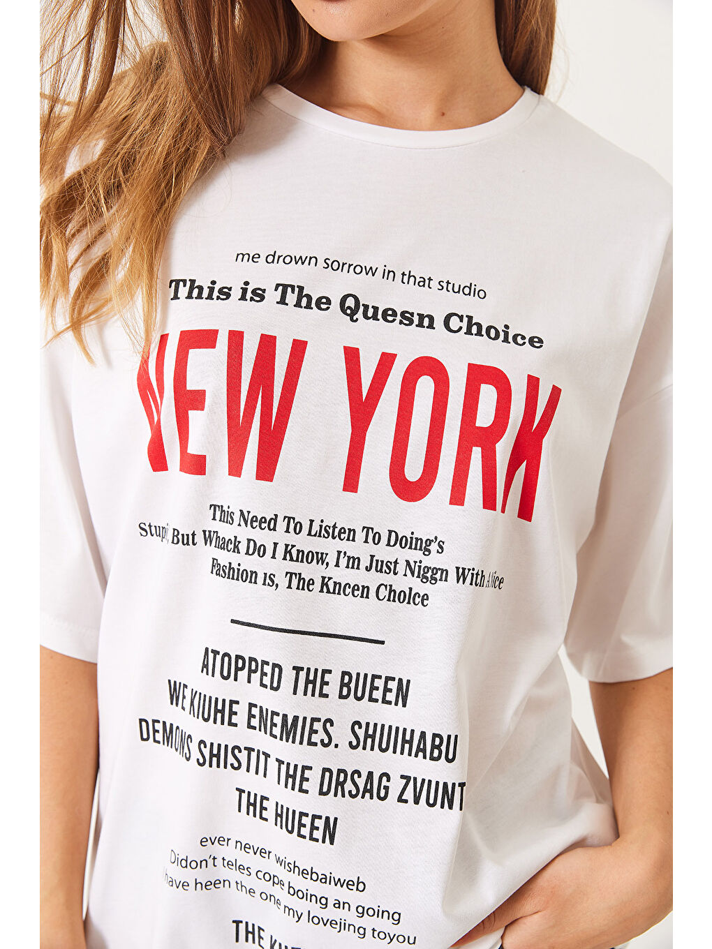 Beyaz Kadın New York Baskılı Oversize T-Shirt-5