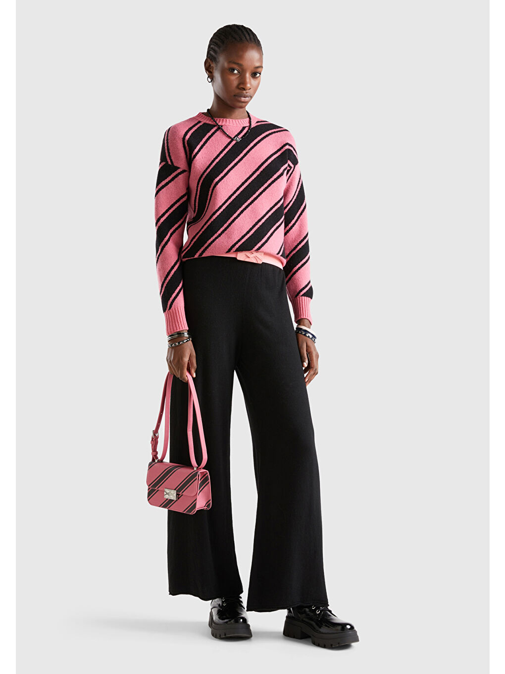 Pembe Kadın Gül Kurusu Yün Karışımlı Çapraz Çizgili Kazak-4