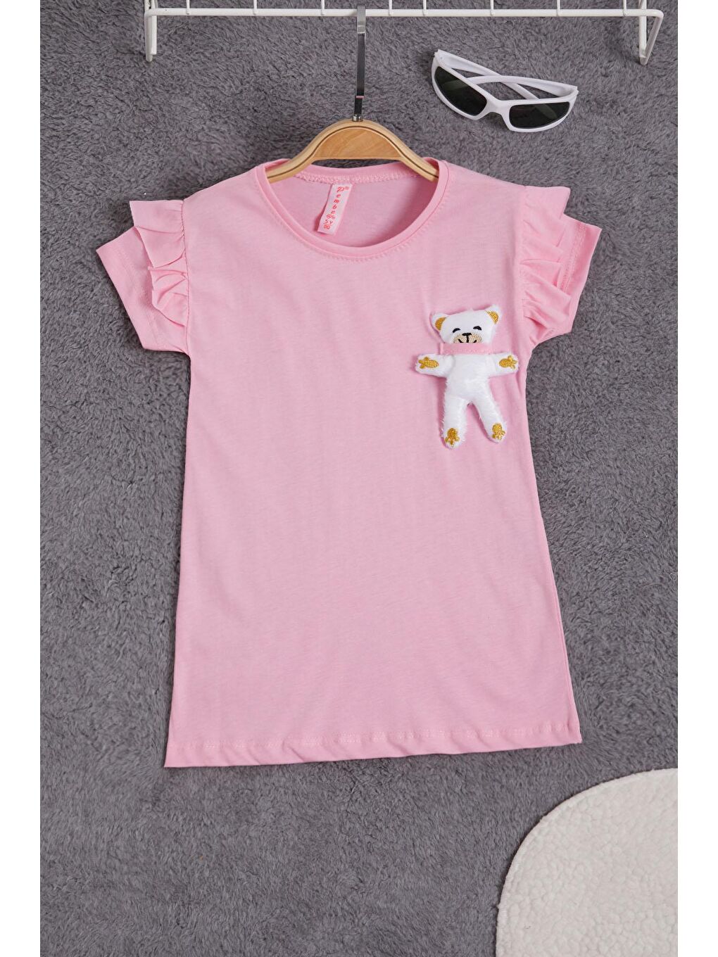 Pembe Pelüş Ayıcıklı Fırfırlı Kız Çocuk T-shirt 15538