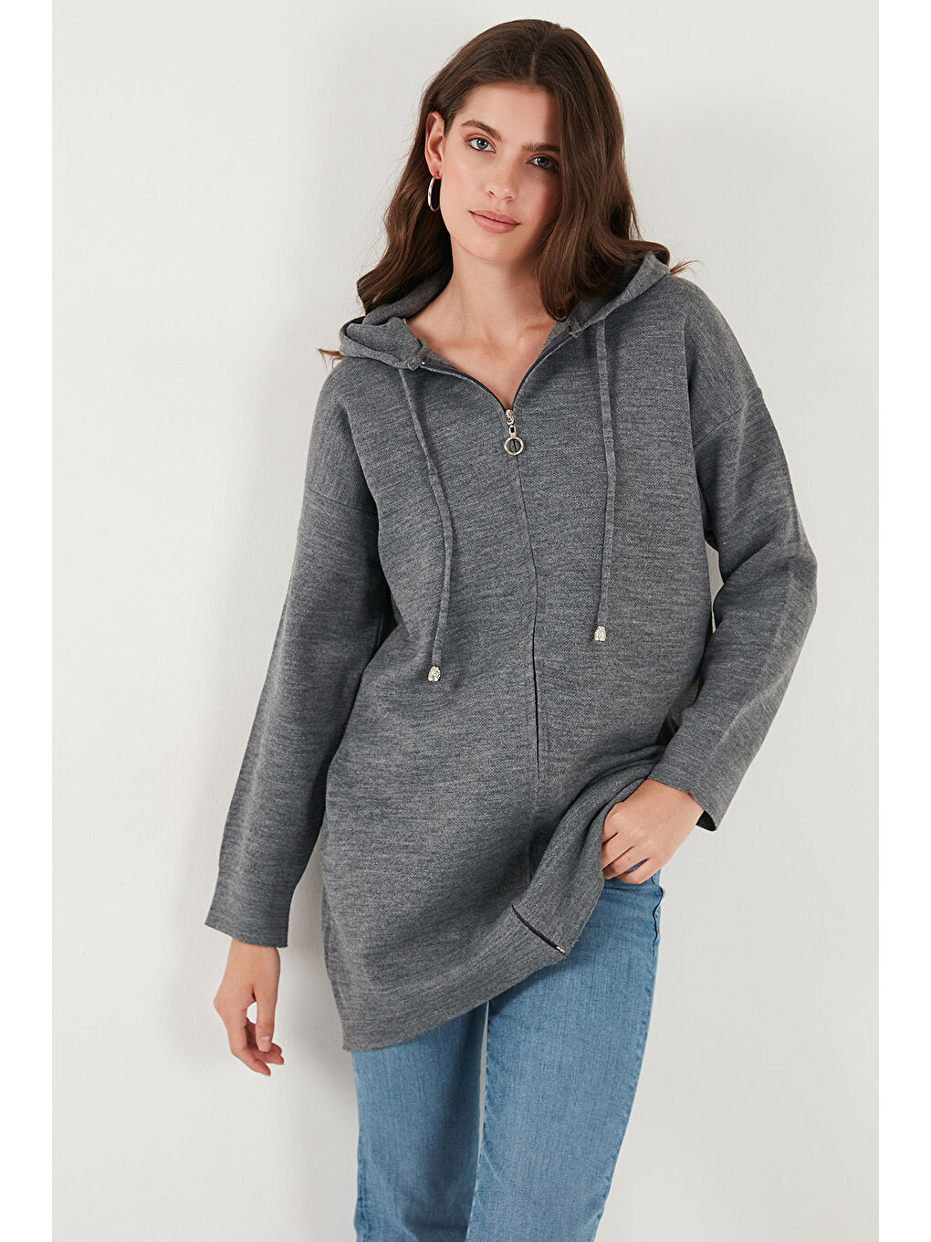 Antrasit Modest Fermuarlı Uzun Triko Kadın Hırka 4616176-3