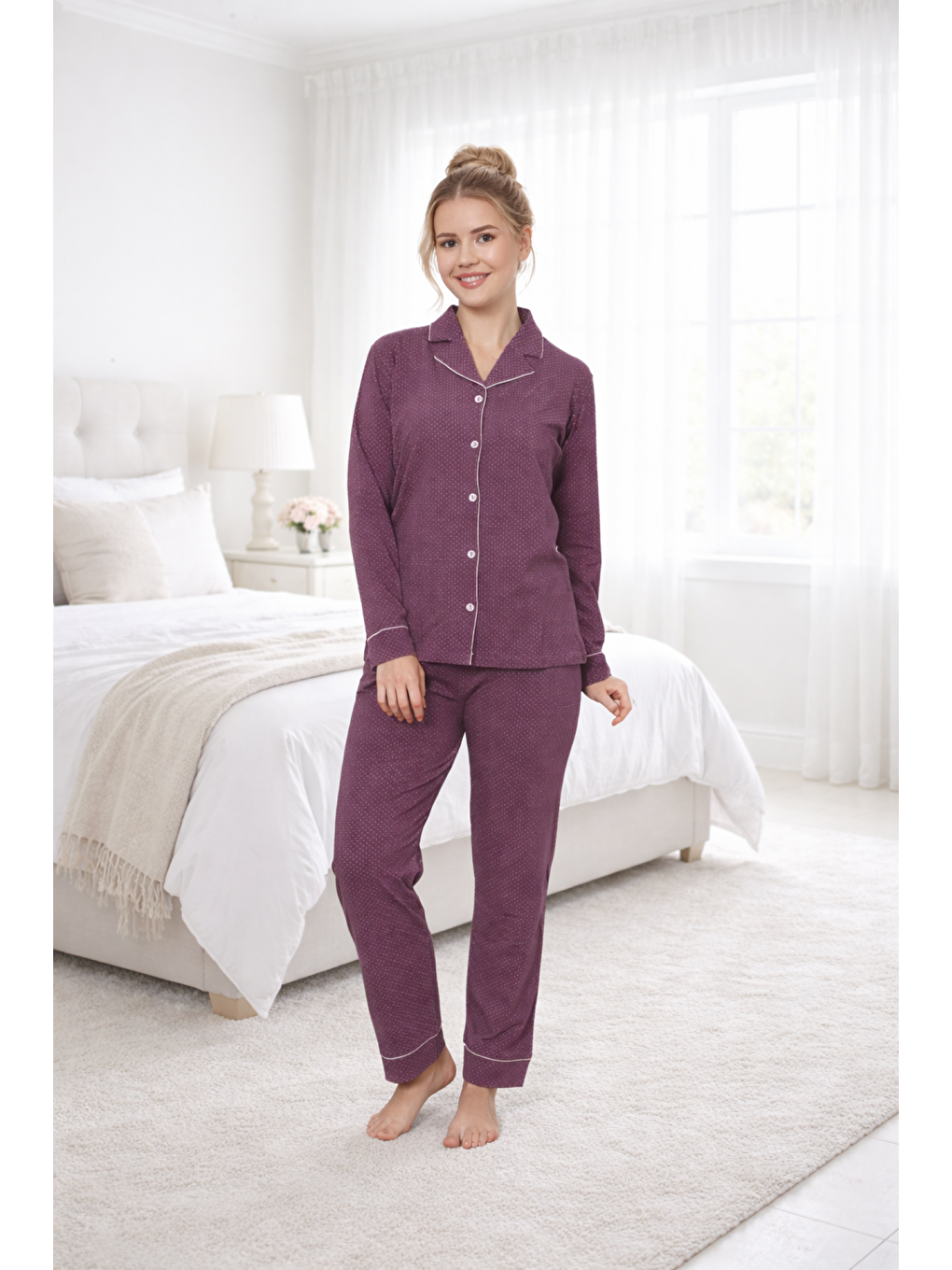 Kadın Pamuklu Mor Puantiyeli Gömlek Yaka Boydan Düğmeli Biyeli Yüksek Kaliteli Pijama Takımı-1