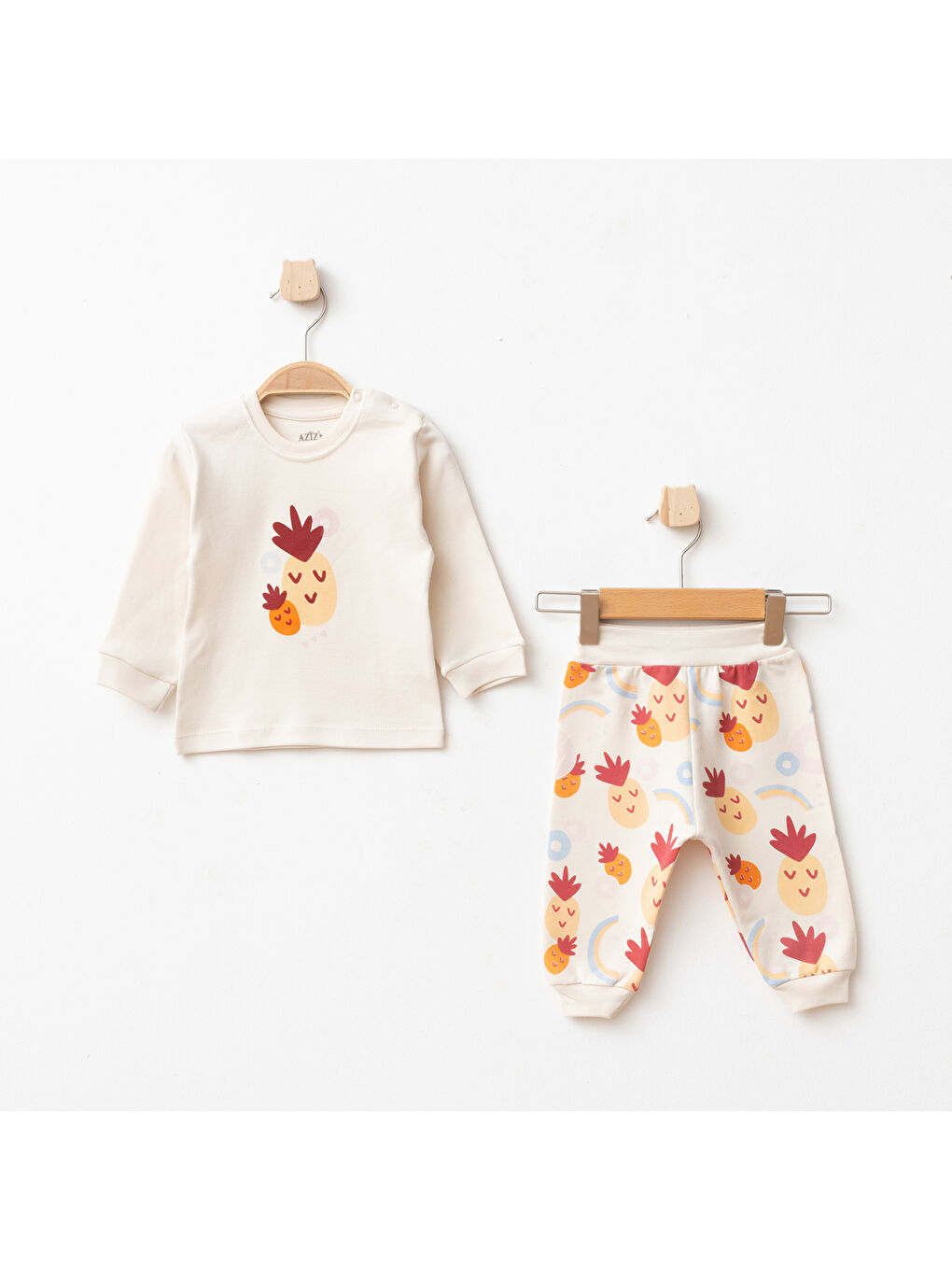 Turuncu Kız Bebek Ananas Desenli Sweatshirt Pantolon T-shirt 3'lü Alt Üst Bebek Takımı 3Ay - 36Ay-1