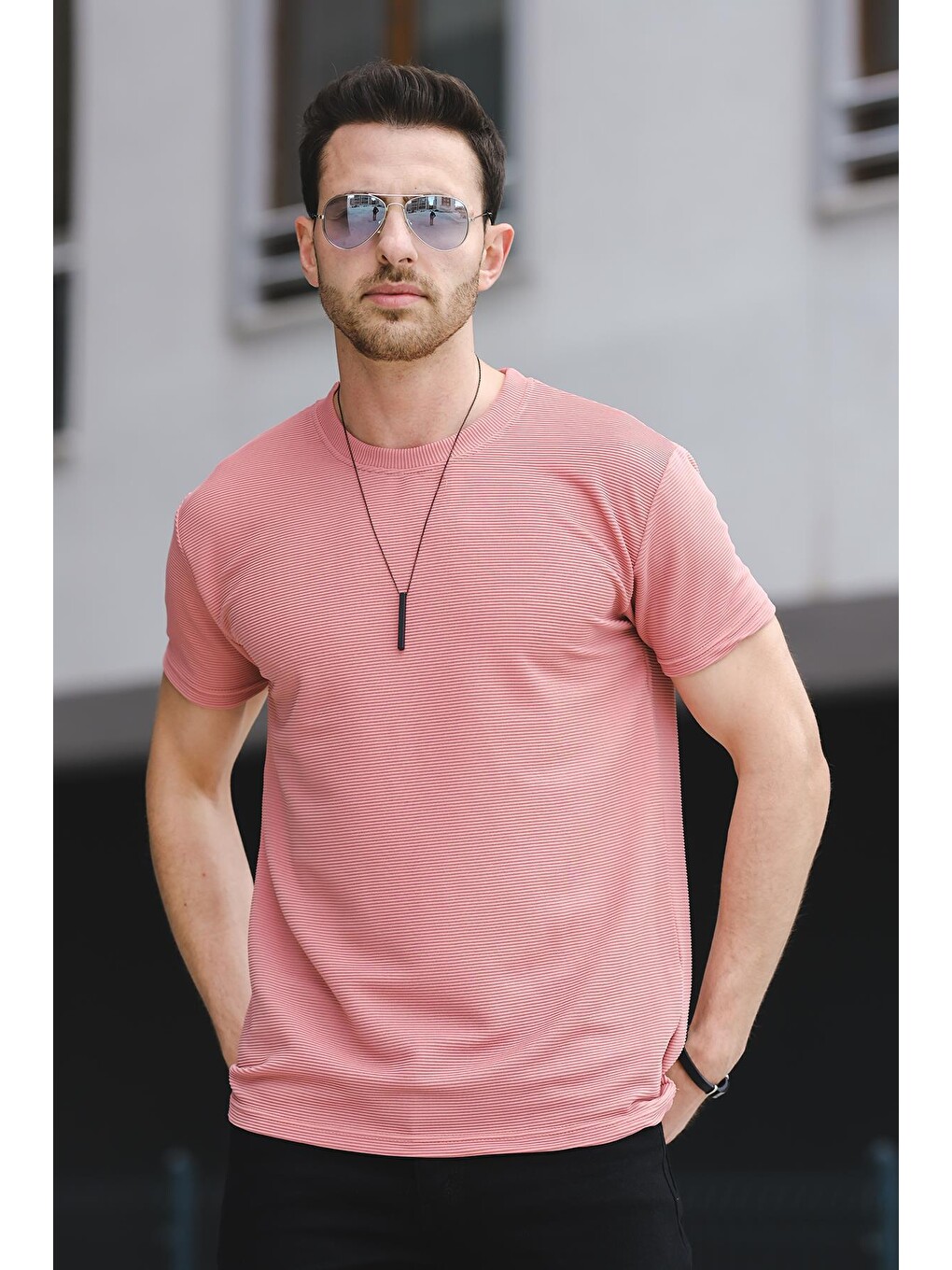 Pembe Kumaş Basic Slim Fit Elastanlı Erkek Tişört-1