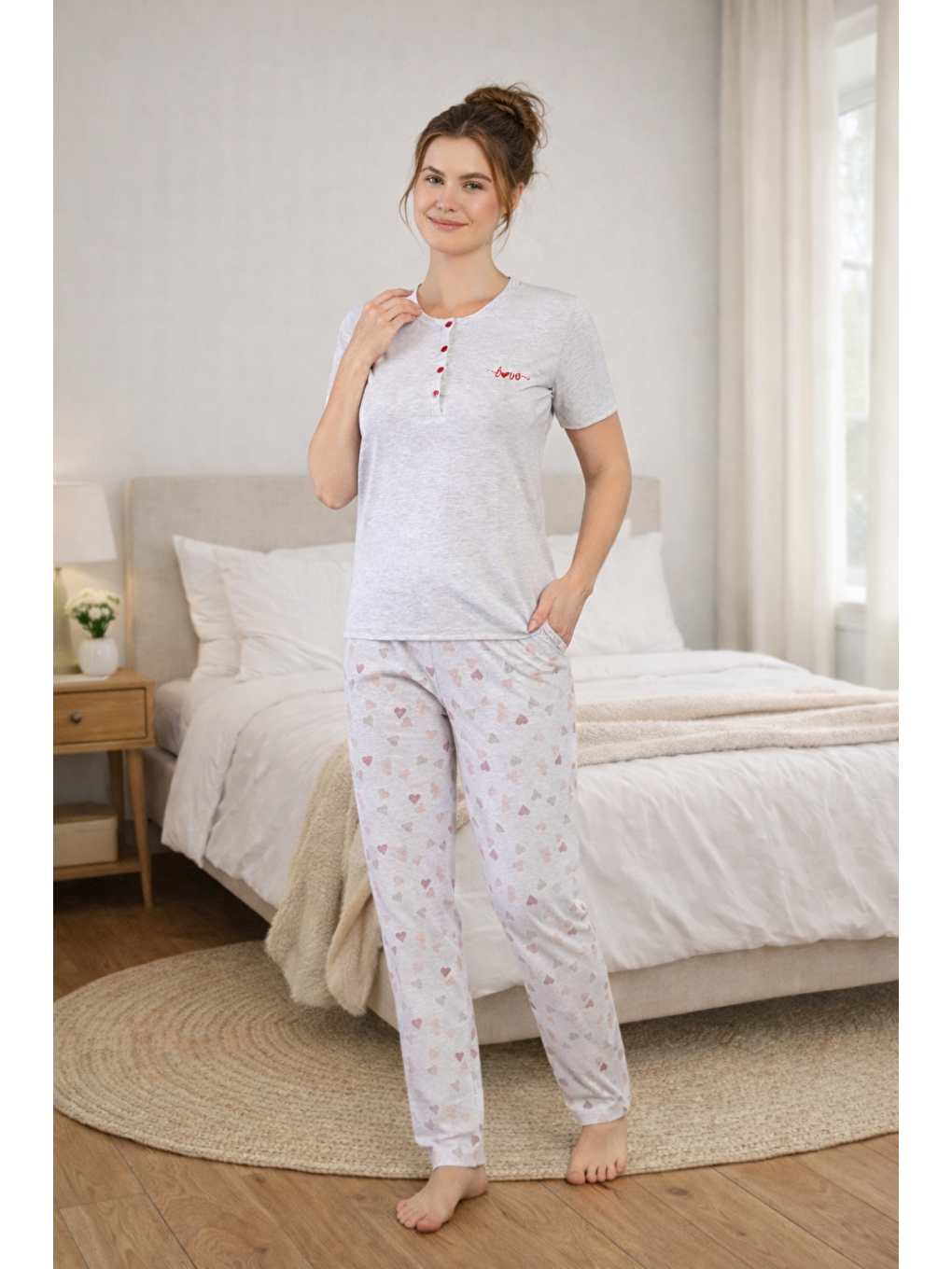 Gri PREMIUM Kadın Viskon Kalpli Yüksek Kalite Kısa Kollu Yazlık Pijama Takımı-2