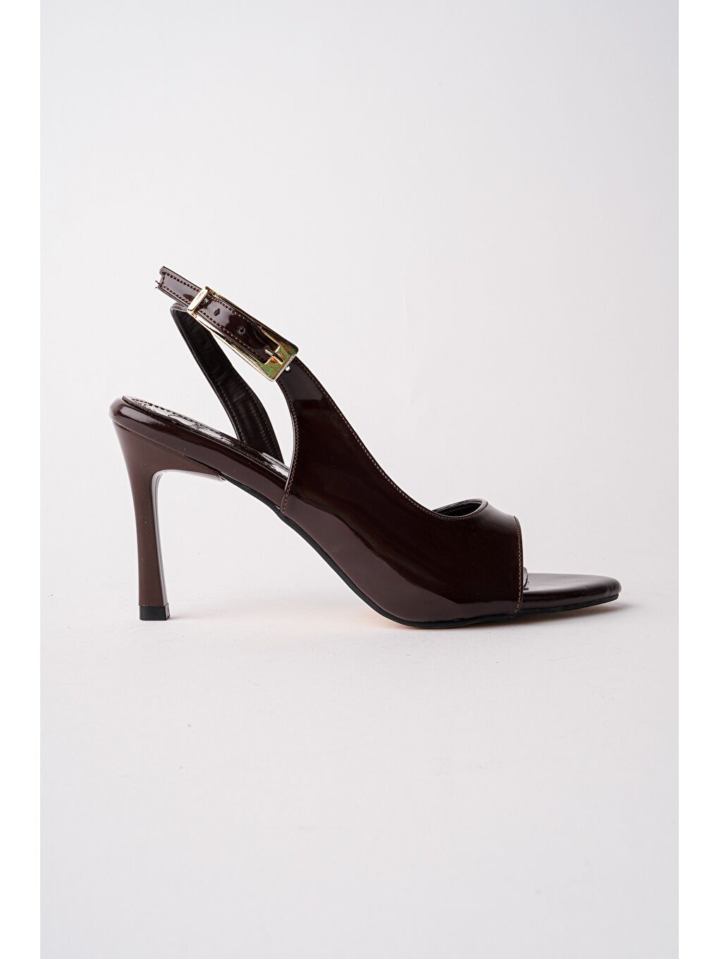 Kahverengi PURELİNE Rugan Sivri Burun İnce Topuk Arkası Açık Kadın Topuklu Ayakkabı-1