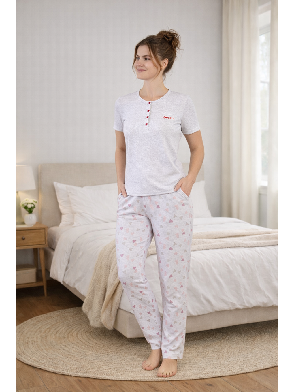 Gri PREMIUM Kadın Viskon Kalpli Yüksek Kalite Kısa Kollu Yazlık Pijama Takımı-3