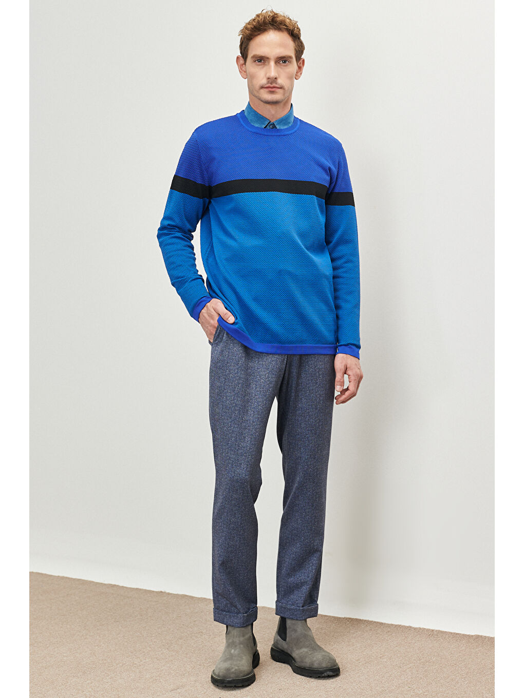 Mavi Erkek Saks-Siyah Standart Fit Normal Kesim Bisiklet Yaka Petek Dokulu Kışlık Triko Kazak-1