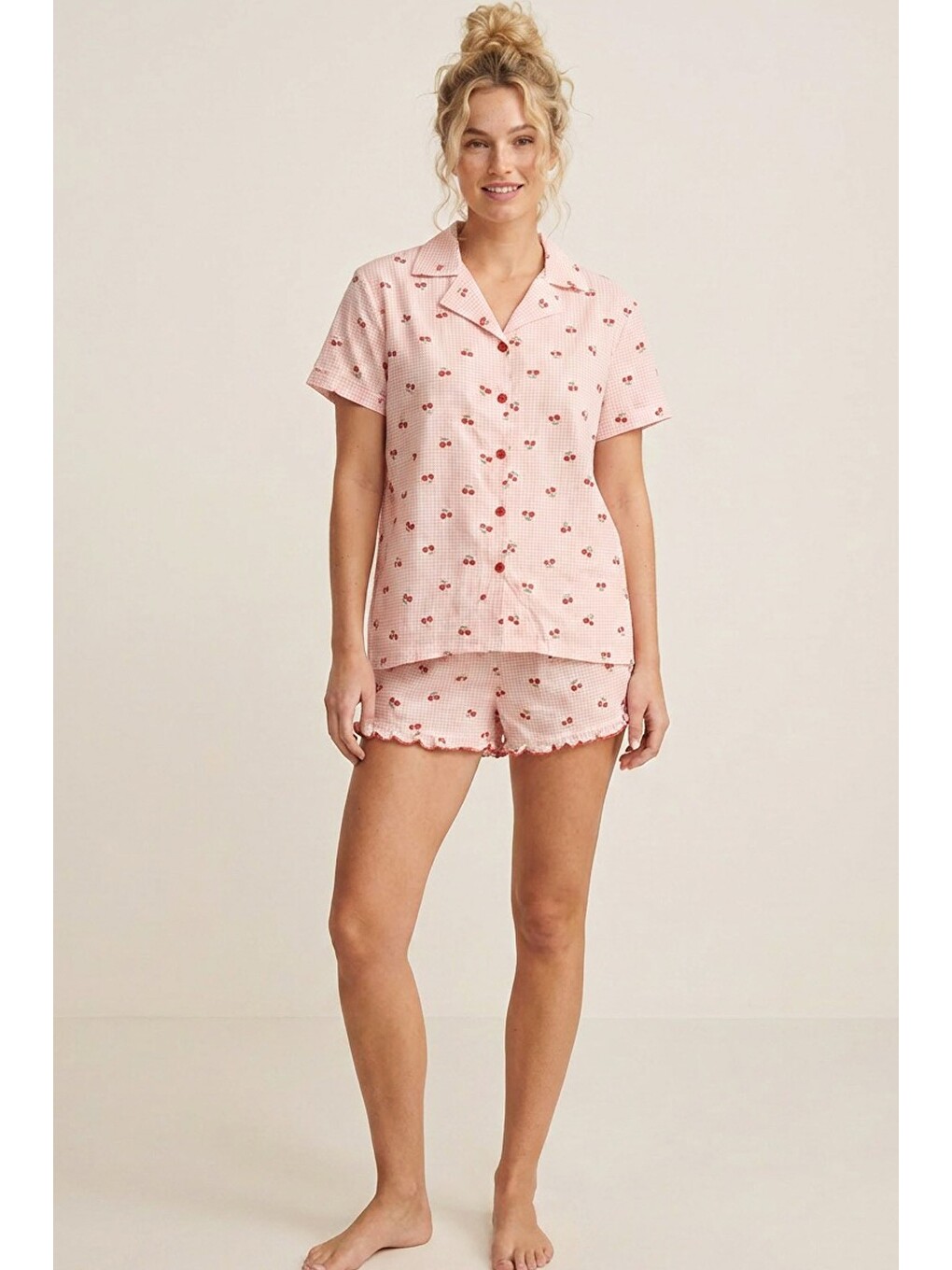 Pembe İnce Soft Örme Mevsimlik Düğmeli Şortlu Pijama Takımı 8044-1