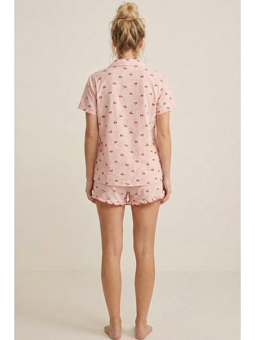 Pembe İnce Soft Örme Mevsimlik Düğmeli Şortlu Pijama Takımı 8044-2