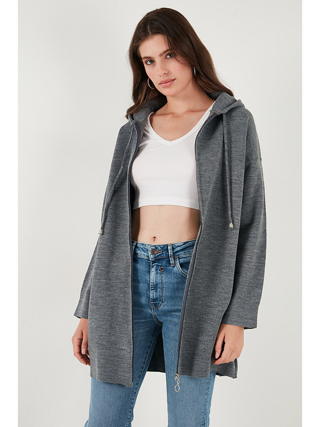 Antrasit Modest Fermuarlı Uzun Triko Kadın Hırka 4616176-5