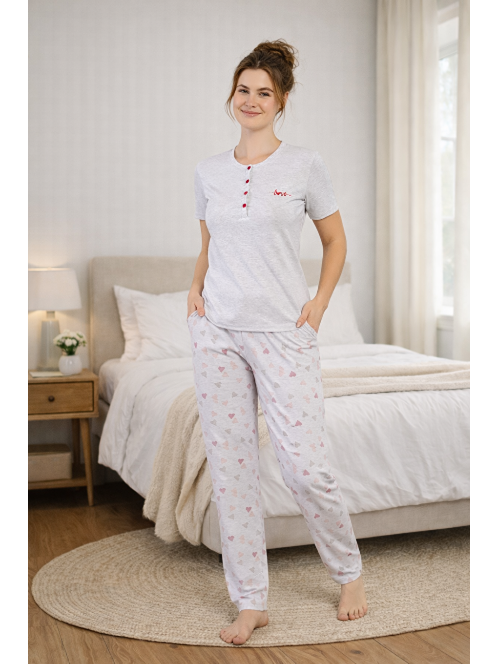 Gri PREMIUM Kadın Viskon Kalpli Yüksek Kalite Kısa Kollu Yazlık Pijama Takımı-4