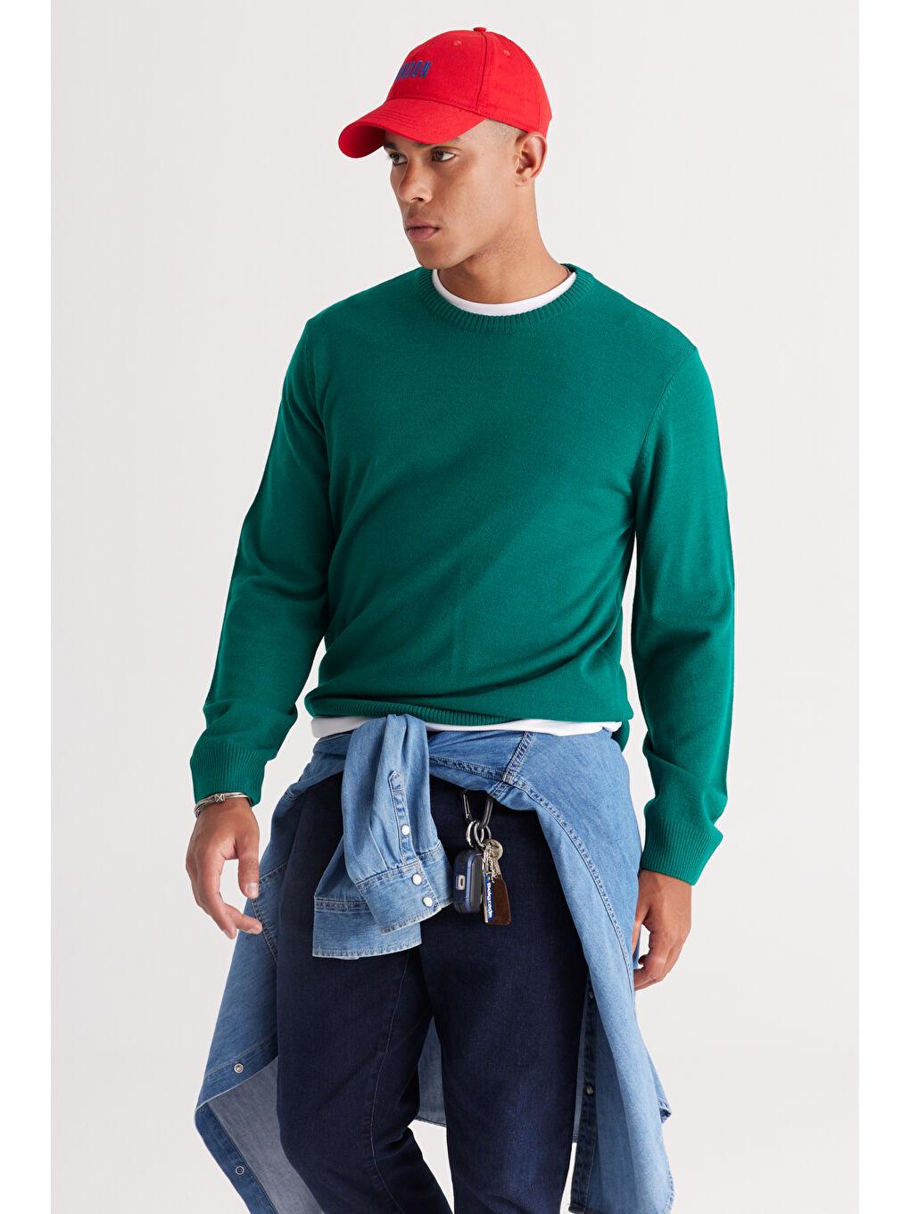 Erkek Koyu Yeşil Anti-Pilling Tüylenme Yapmayan Standart Fit Normal Kesim Bisiklet Yaka Triko Kazak-2