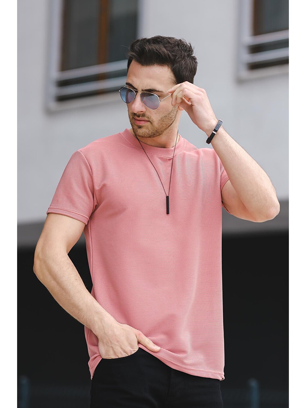 Pembe Kumaş Basic Slim Fit Elastanlı Erkek Tişört-2