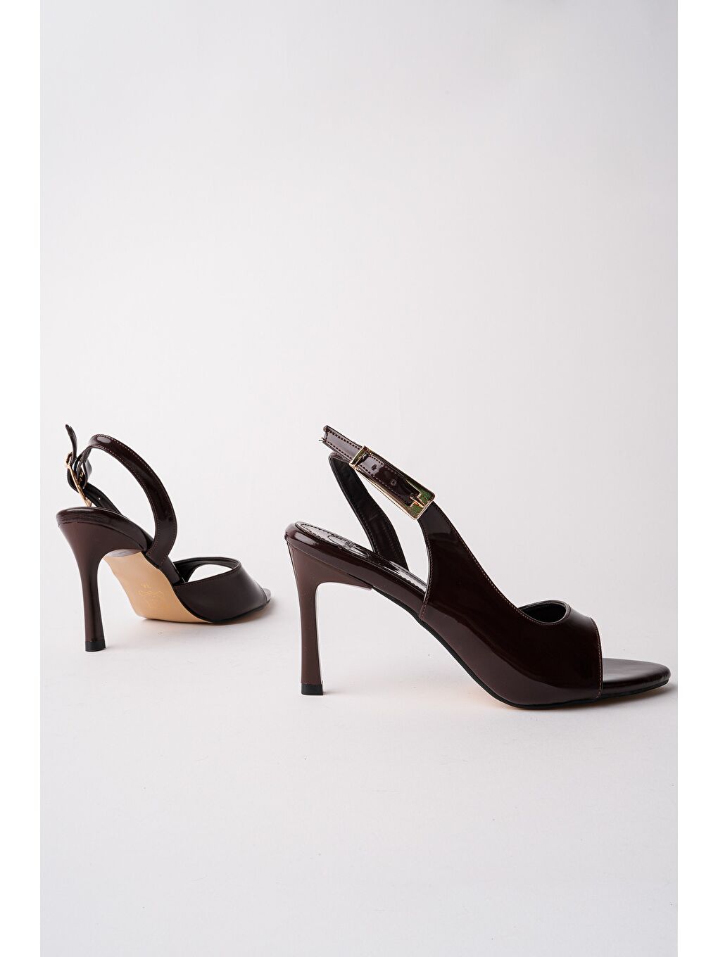 Kahverengi PURELİNE Rugan Sivri Burun İnce Topuk Arkası Açık Kadın Topuklu Ayakkabı-3