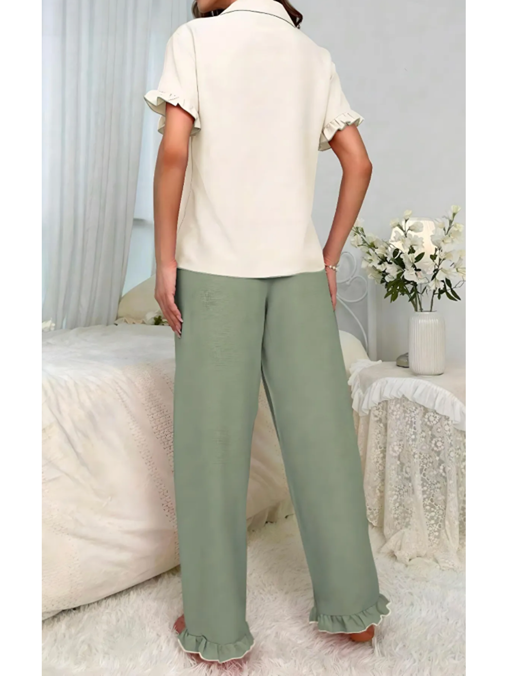 Yeşil Bürümcük Arabiyeli Düğmeli Pijama Takım 7036-1-1