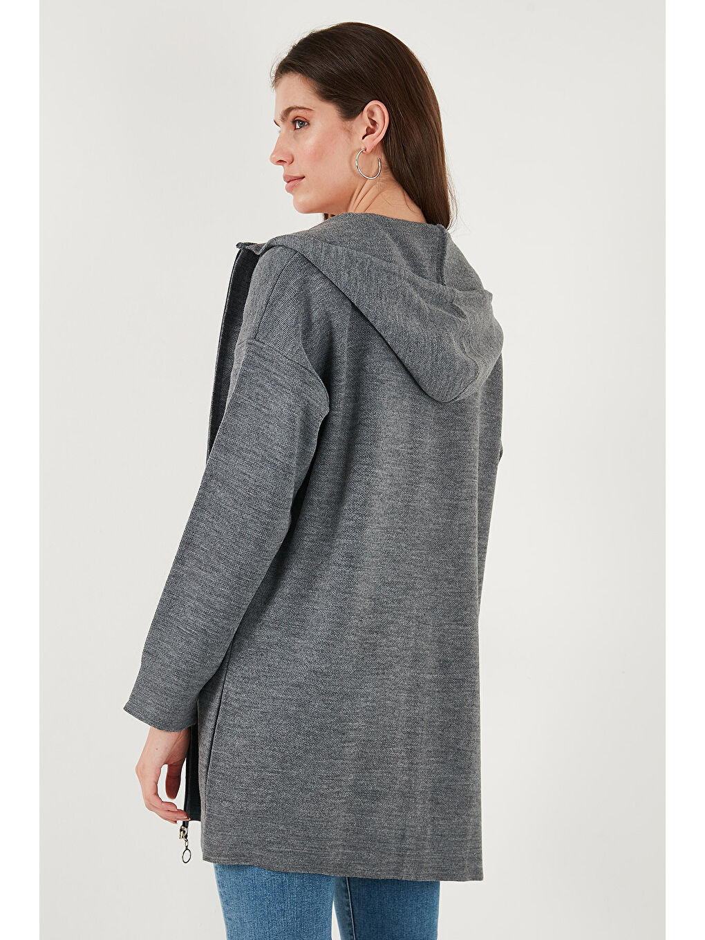 Antrasit Modest Fermuarlı Uzun Triko Kadın Hırka 4616176-6