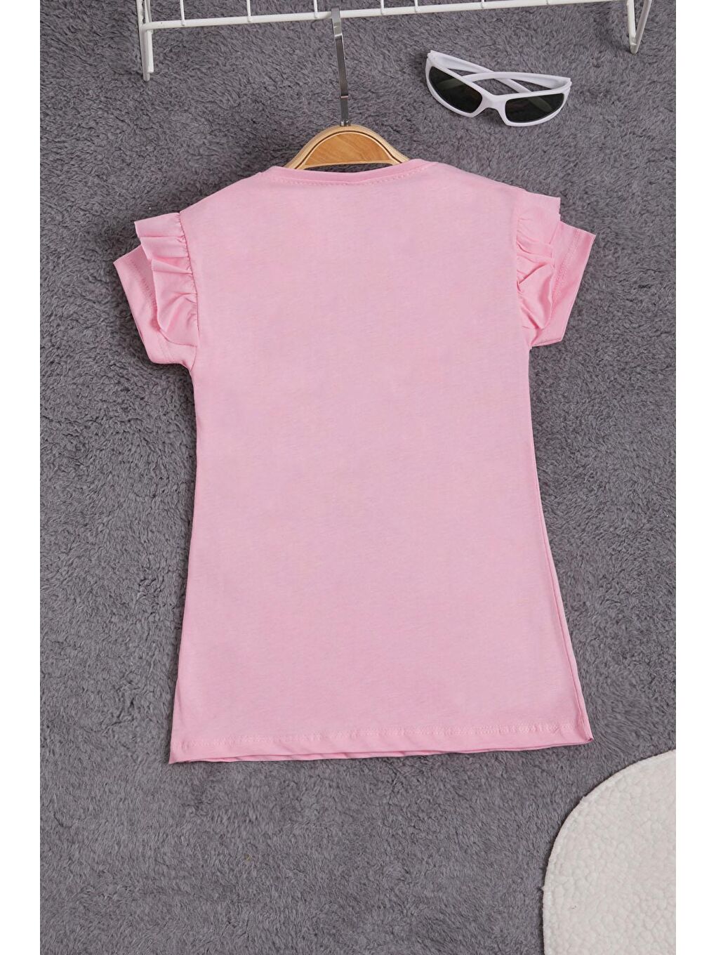 Pembe Pelüş Ayıcıklı Fırfırlı Kız Çocuk T-shirt 15538-2