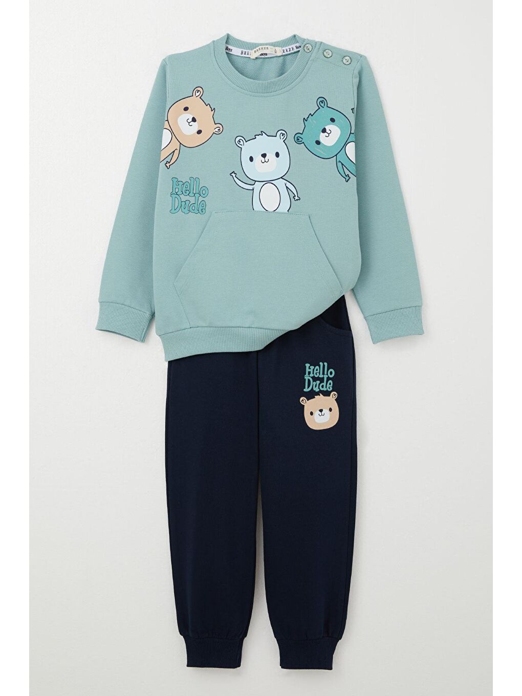 Turkuaz Erkek Bebek Eşofman Takım Kanguru Cepli Dost Ayıcıklar Baskılı Su Yeşili (9 Ay-1 Yaş)