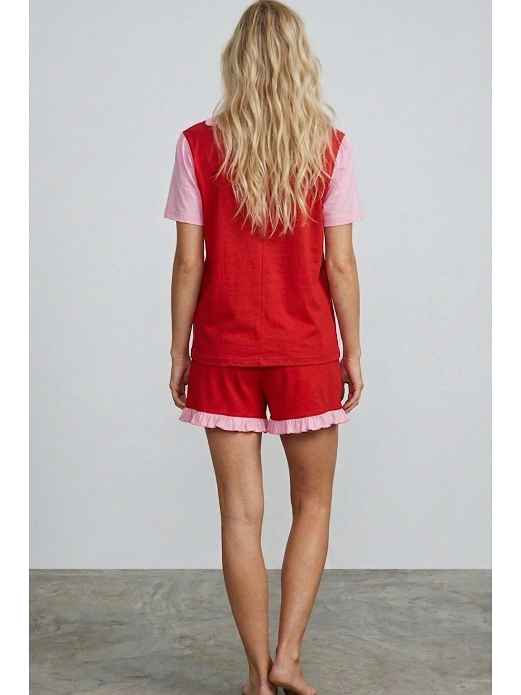 Kırmızı Yaka Detaylı Baskılı Düğmeli Pamuklu Örme Şortlu Pijama Takımı 8009-3