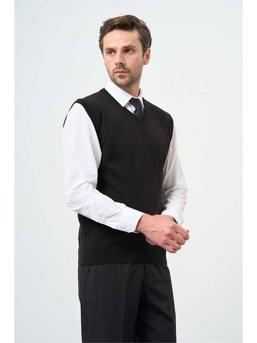 Siyah Düz Örme V Yaka Classic Comfort Fit Triko 1012245003-1