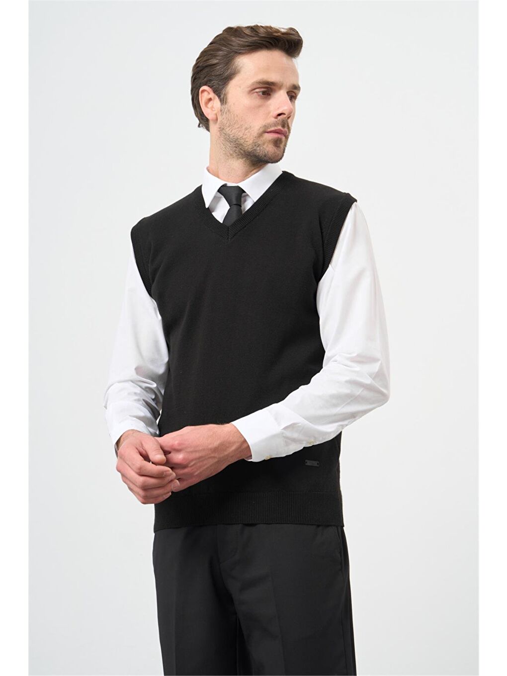 Siyah Düz Örme V Yaka Classic Comfort Fit Triko 1012245003-2