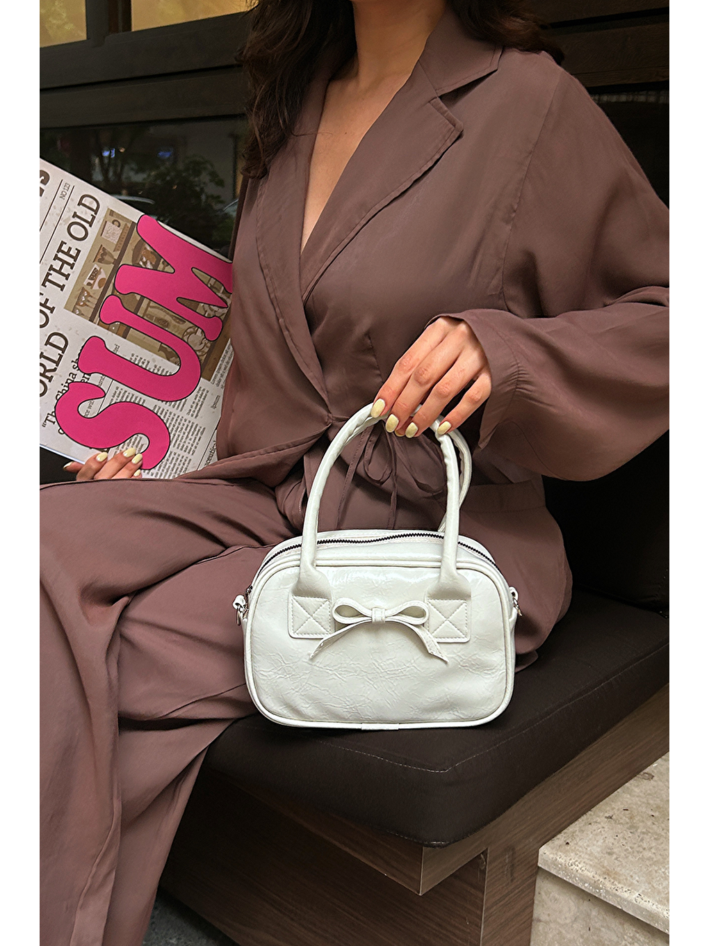 Ekru Perfect Kurdele Detaylı Bowling El Ve Çapraz Çanta Krem-5
