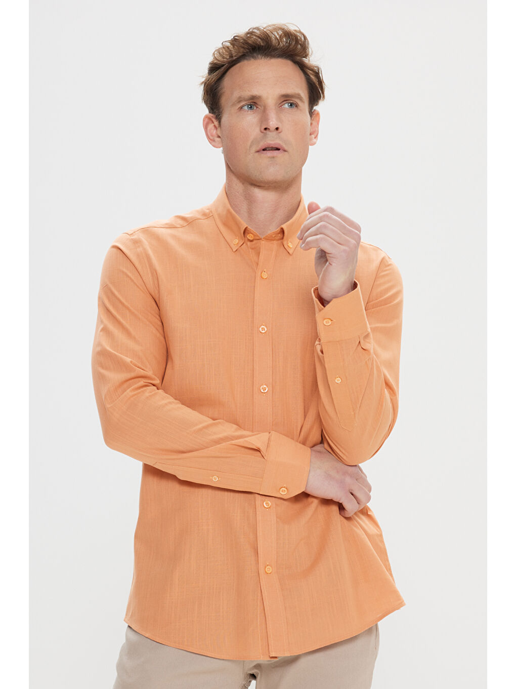 Kahverengi Erkek Kiremit %100 Pamuk Oxford Slim Fit Dar Kesim Düğmeli Yaka Flamlı Gömlek-2