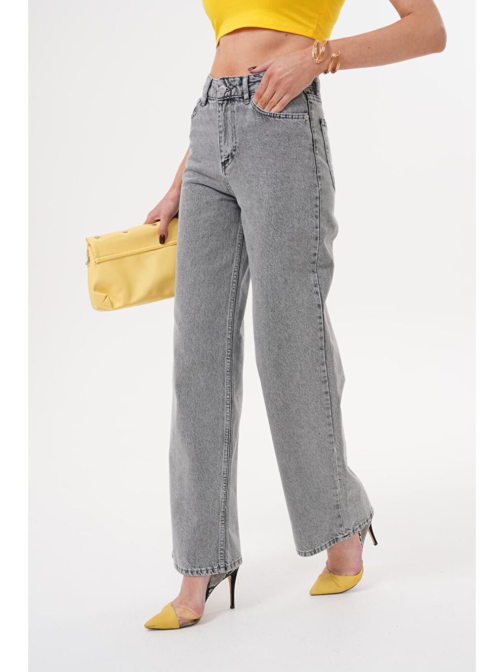 Gri Kadın Palazzo Salaş Paça Süper Yüksek Bel Jean Pantolon Füme-1