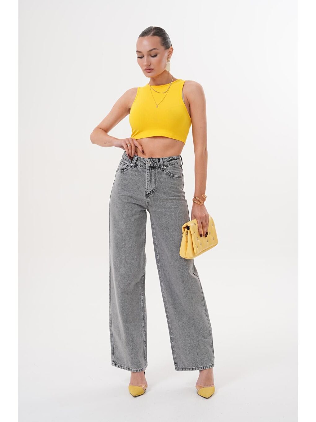 Gri Kadın Palazzo Salaş Paça Süper Yüksek Bel Jean Pantolon Füme-2