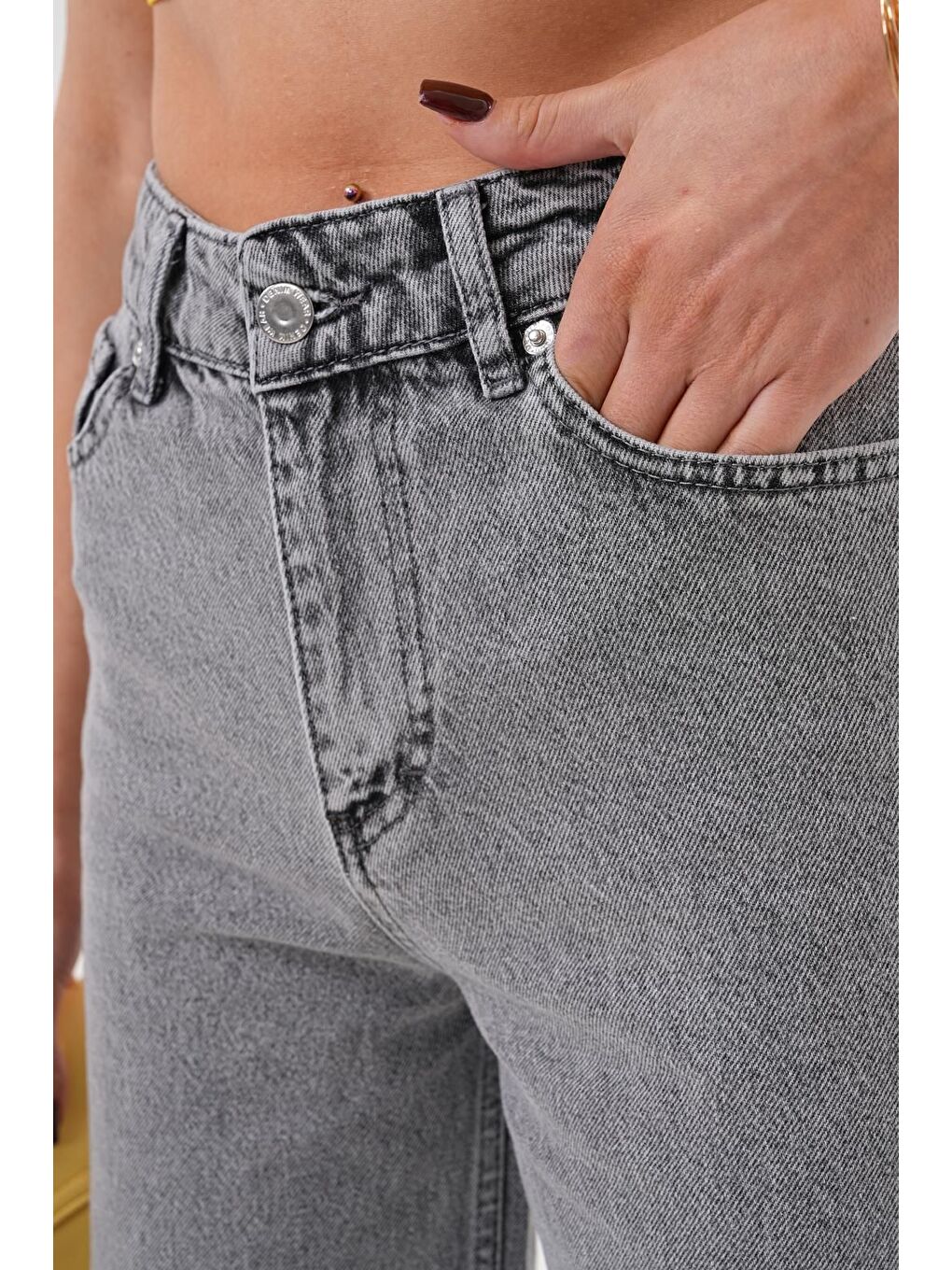 Gri Kadın Palazzo Salaş Paça Süper Yüksek Bel Jean Pantolon Füme-4